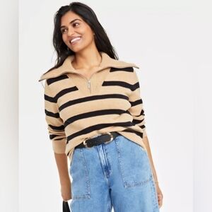 Preppy Tan and Black Striped Women's 3/4 Zip Sweater